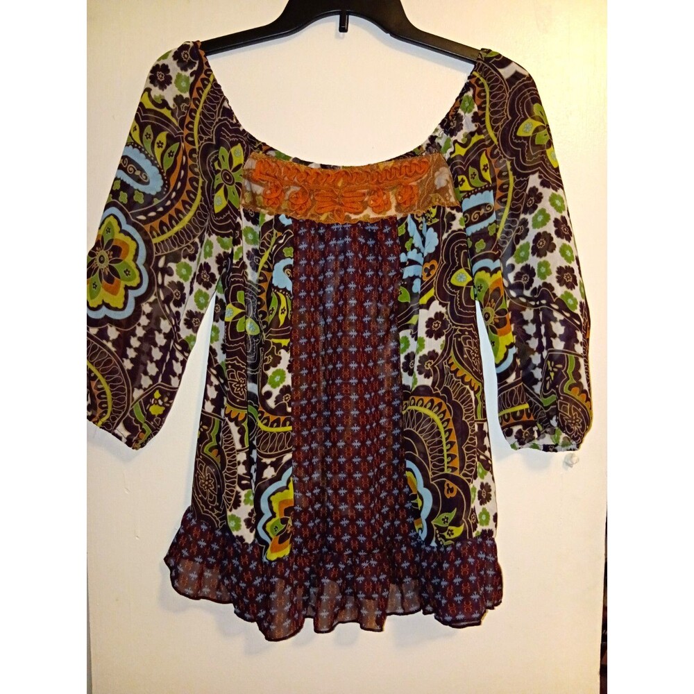Xhilaration Multicolor Paisley Scoop Neck Embroidered Tunic Blouse 3/4 Small